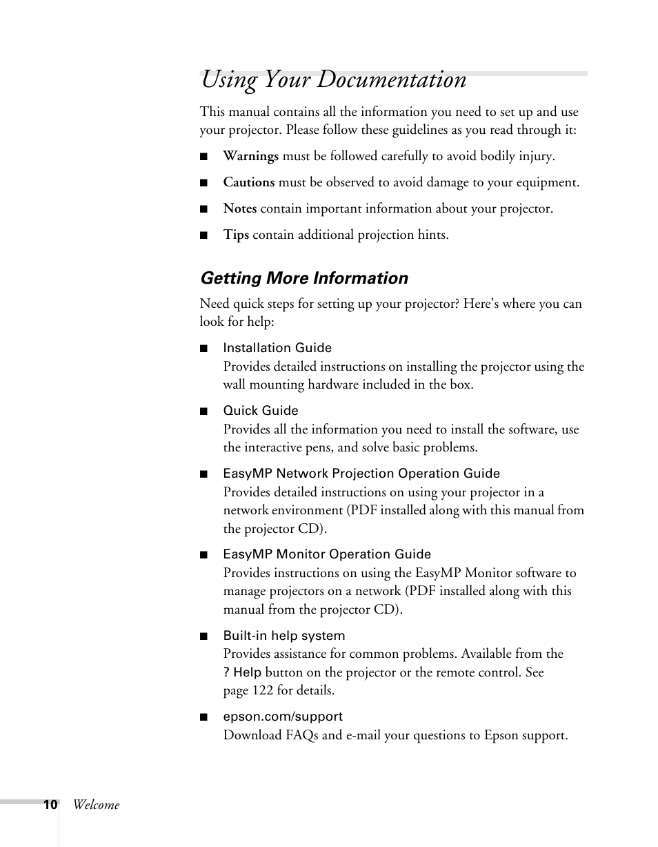 Using your documentation, Getting more information | Epson BrightLink 450Wi User Manual | Page 10 / 186
