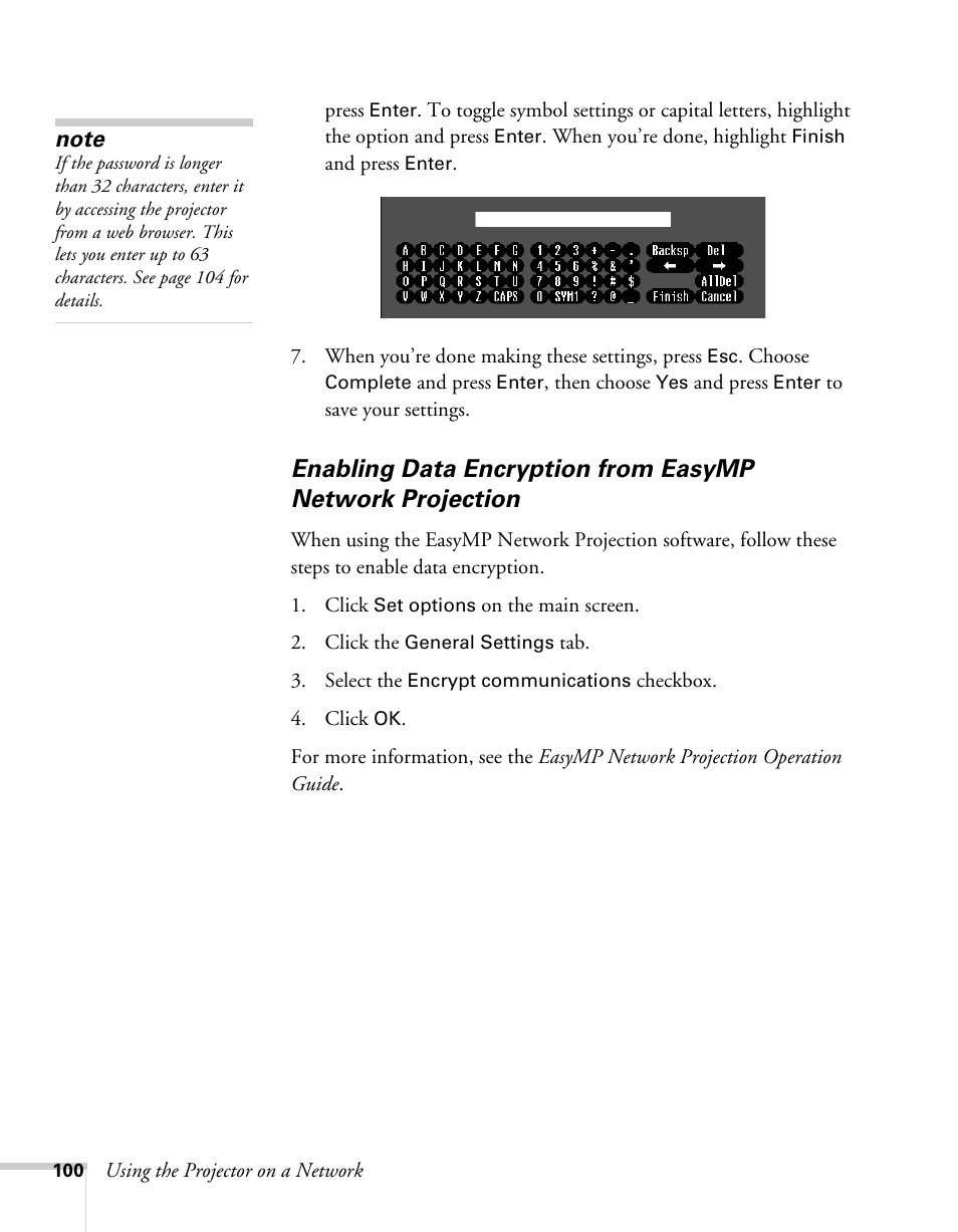 Enabling data encryption from easymp, Network projection | Epson BrightLink 450Wi User Manual | Page 100 / 186