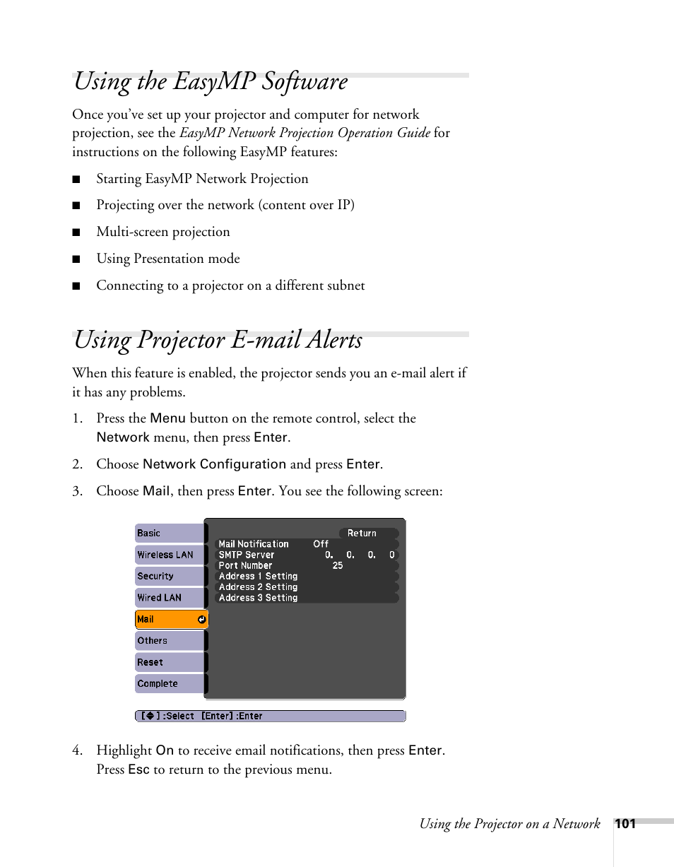 Using the easymp software, Using projector e-mail alerts, Sending e-mail alerts and monitoring the projector | Epson BrightLink 450Wi User Manual | Page 101 / 186