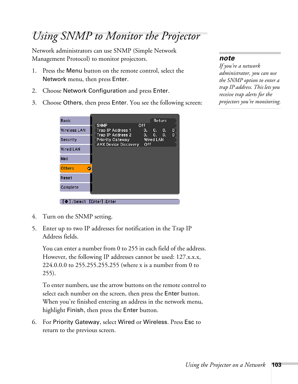 Using snmp to monitor the projector | Epson BrightLink 450Wi User Manual | Page 103 / 186