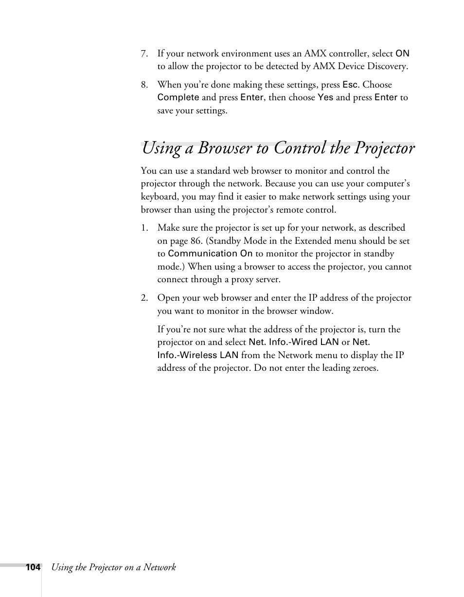 Using a browser to control the projector | Epson BrightLink 450Wi User Manual | Page 104 / 186