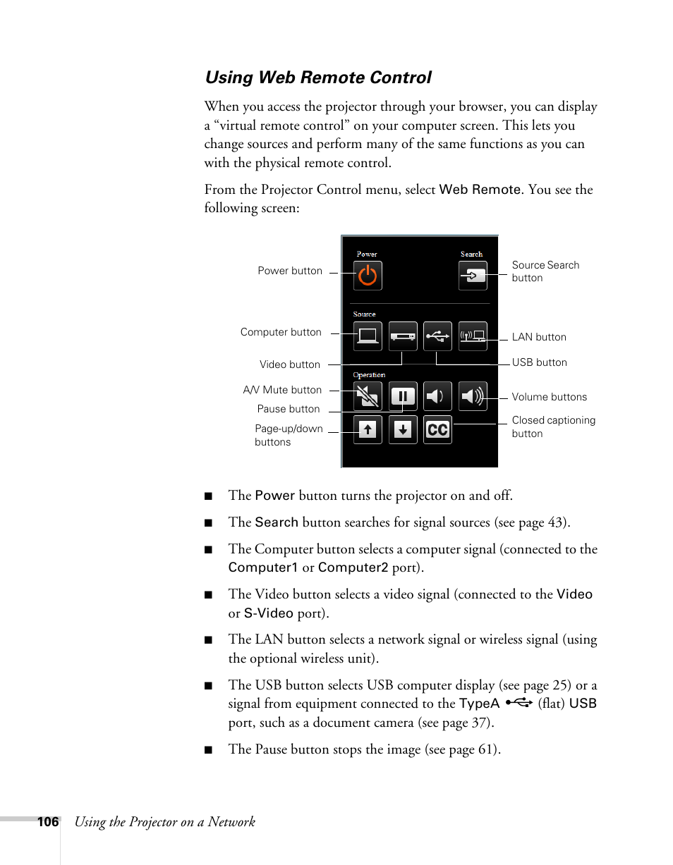 Using web remote control | Epson BrightLink 450Wi User Manual | Page 106 / 186