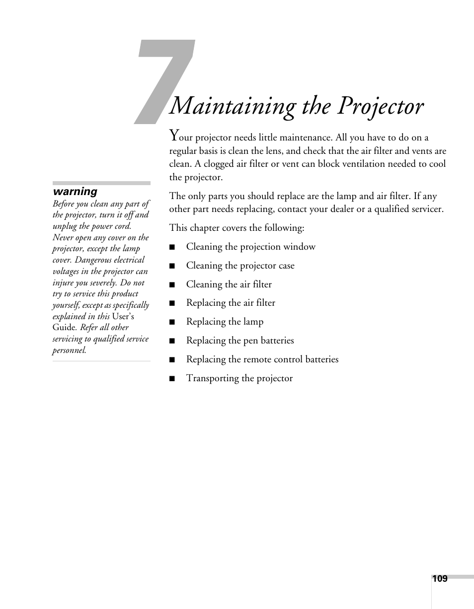 Maintaining the projector | Epson BrightLink 450Wi User Manual | Page 109 / 186