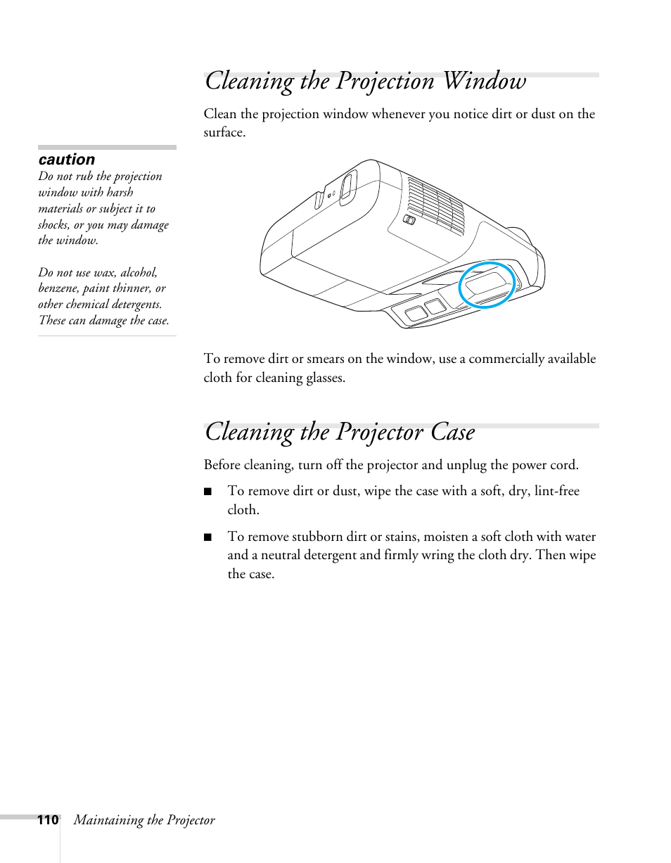Cleaning the projection window, Cleaning the projector case | Epson BrightLink 450Wi User Manual | Page 110 / 186