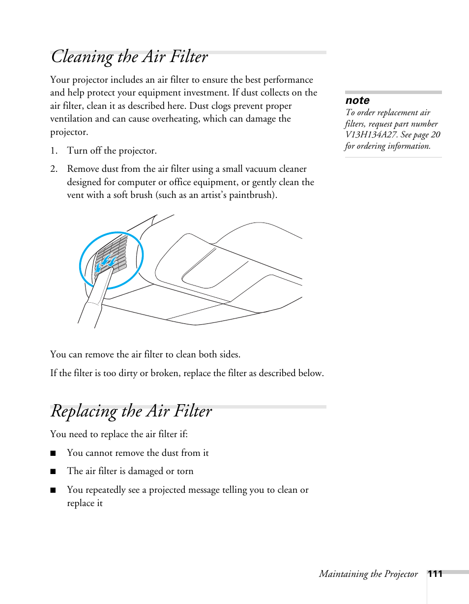 Cleaning the air filter, Replacing the air filter, Cleaning the air filter replacing the air filter | Epson BrightLink 450Wi User Manual | Page 111 / 186