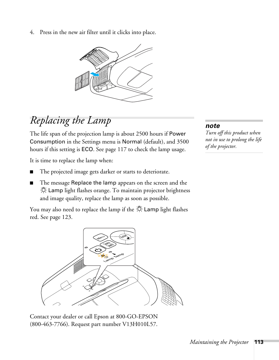 Replacing the lamp | Epson BrightLink 450Wi User Manual | Page 113 / 186