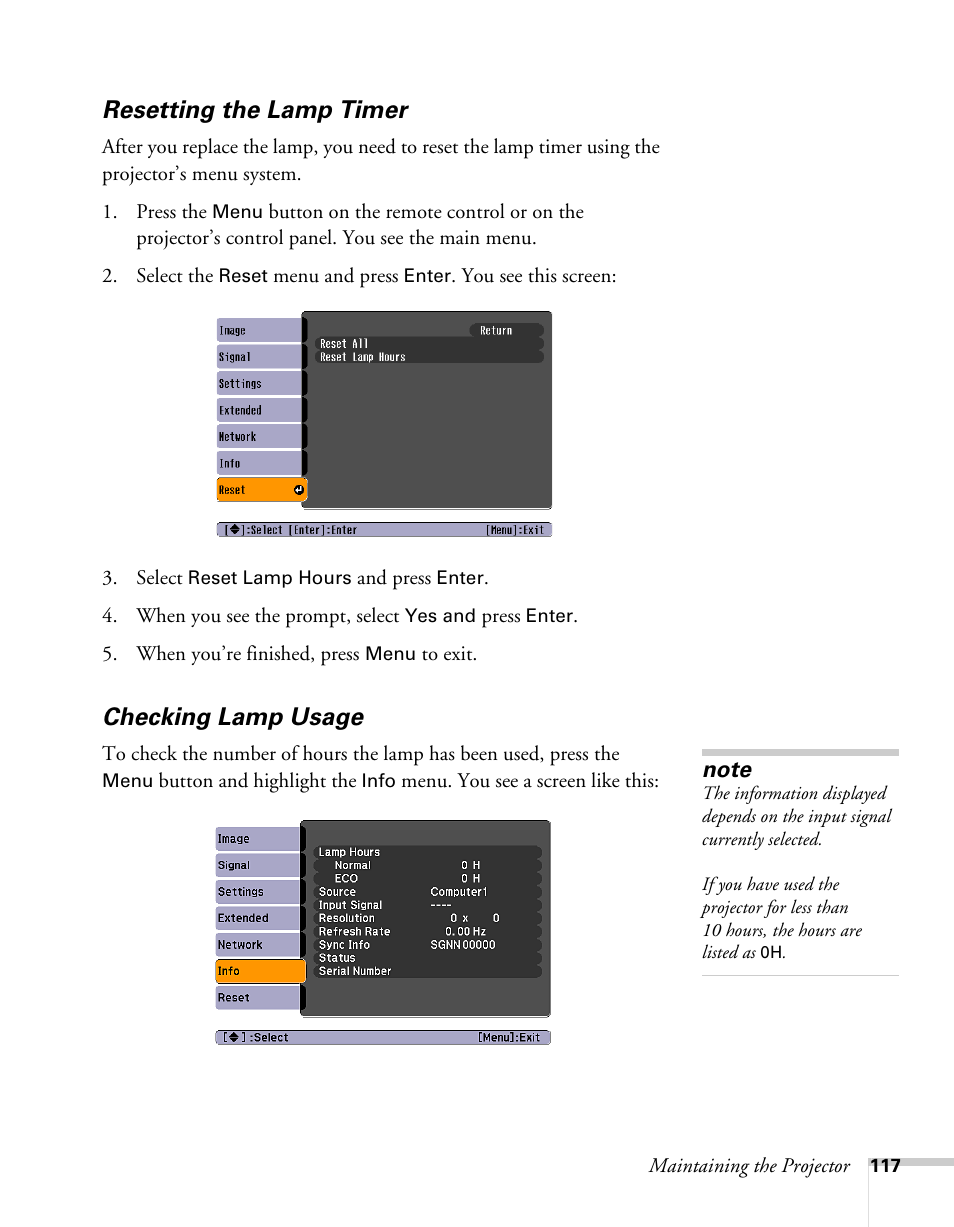 Resetting the lamp timer, Checking lamp usage, Resetting the lamp timer checking lamp usage | Epson BrightLink 450Wi User Manual | Page 117 / 186