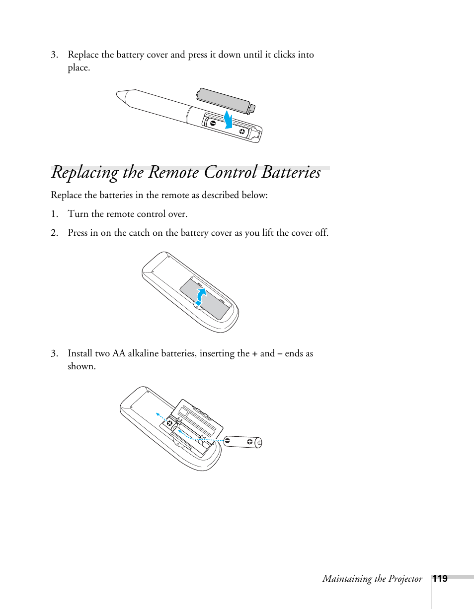 Replacing the remote control batteries | Epson BrightLink 450Wi User Manual | Page 119 / 186