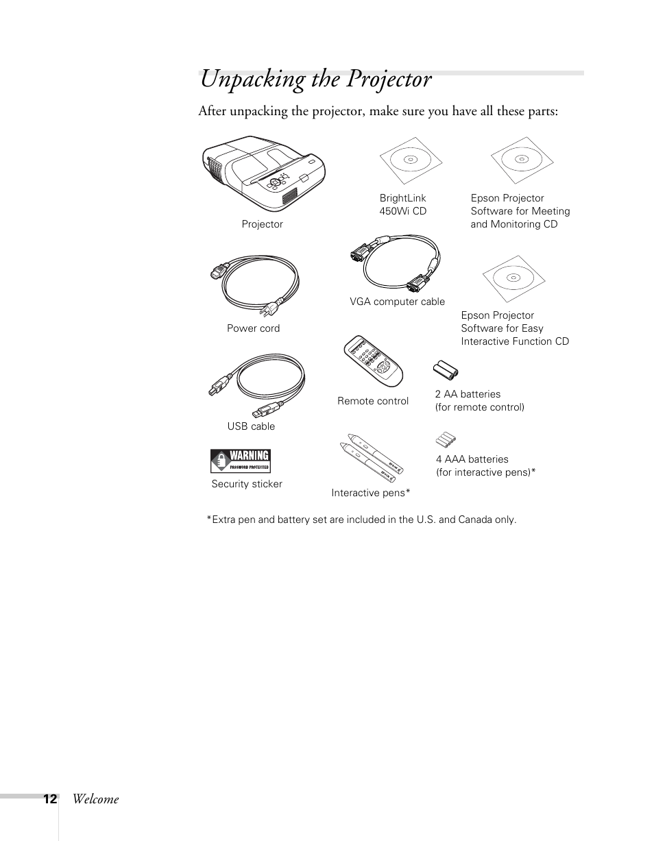 Unpacking the projector | Epson BrightLink 450Wi User Manual | Page 12 / 186