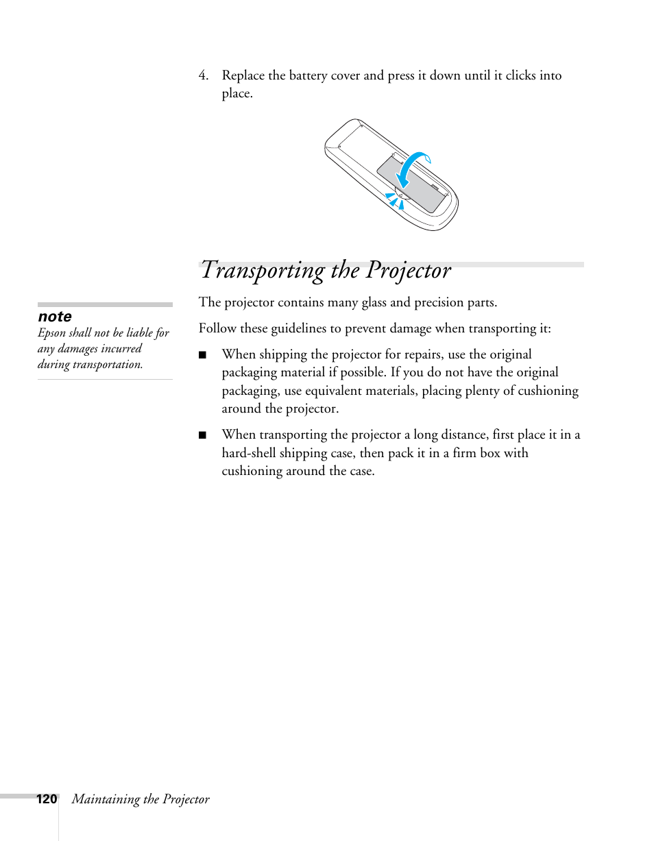 Transporting the projector | Epson BrightLink 450Wi User Manual | Page 120 / 186