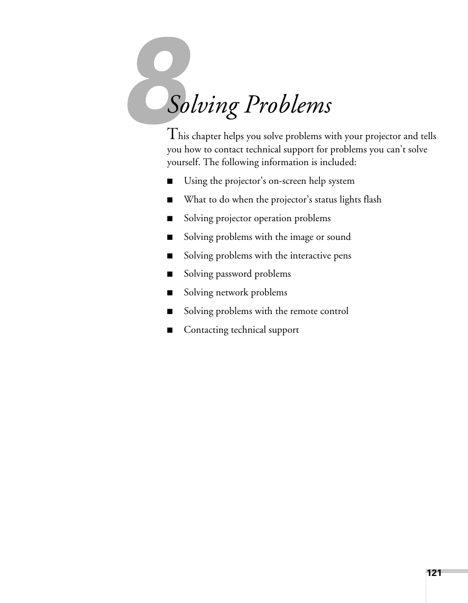 Solving problems | Epson BrightLink 450Wi User Manual | Page 121 / 186