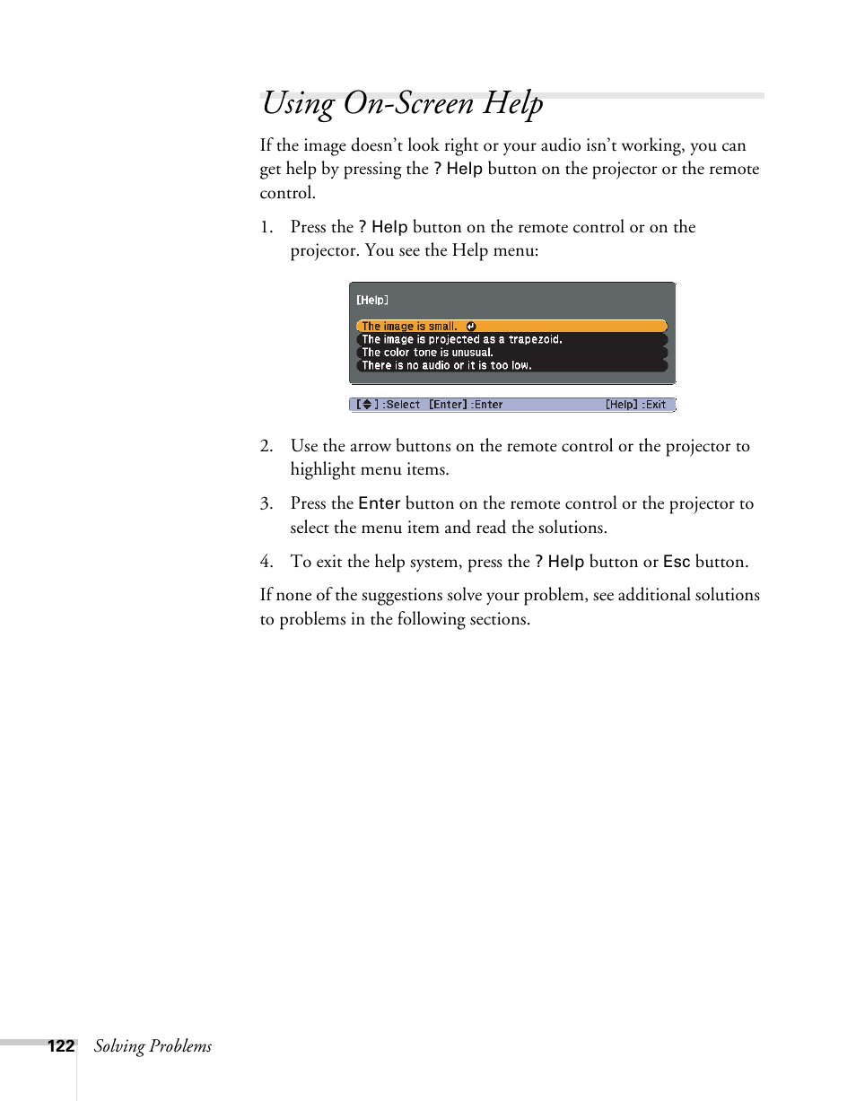 Using on-screen help, Using the projector’s on-screen help system | Epson BrightLink 450Wi User Manual | Page 122 / 186