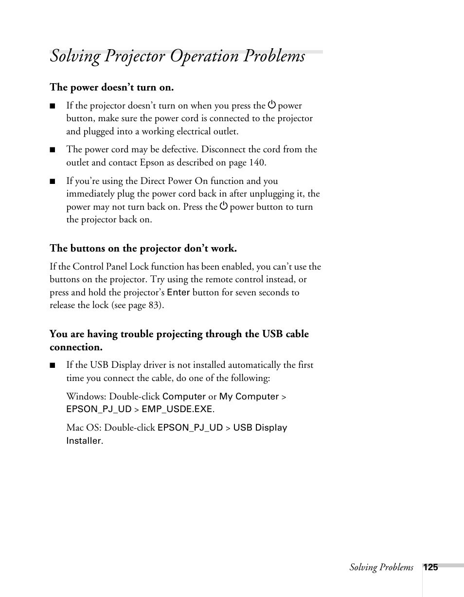 Solving projector operation problems | Epson BrightLink 450Wi User Manual | Page 125 / 186