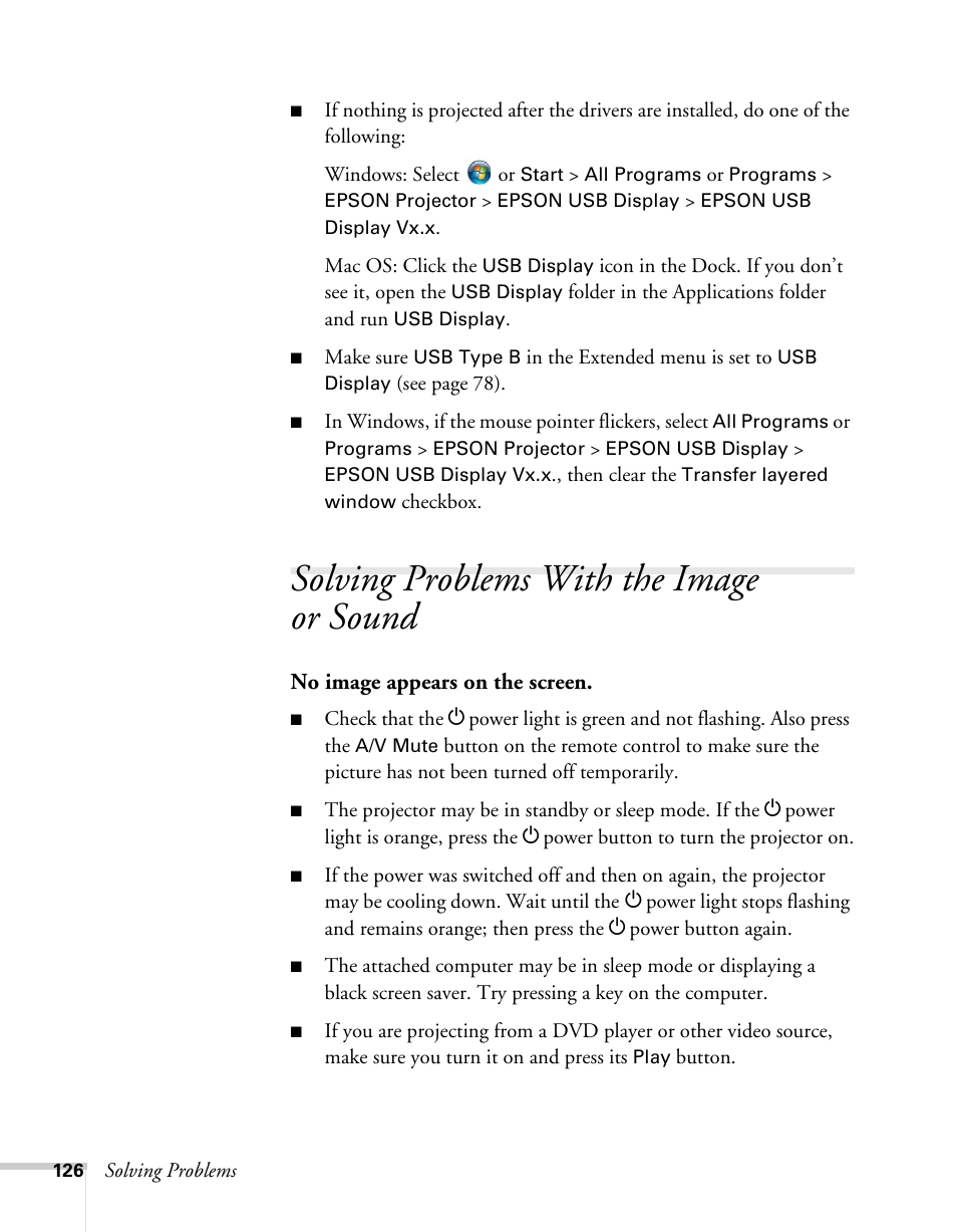 Solving problems with the image or sound | Epson BrightLink 450Wi User Manual | Page 126 / 186