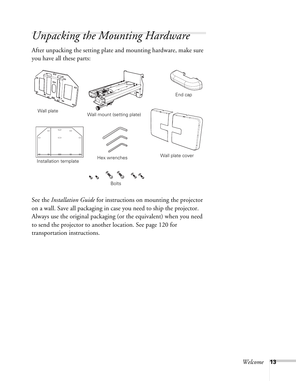 Unpacking the mounting hardware | Epson BrightLink 450Wi User Manual | Page 13 / 186