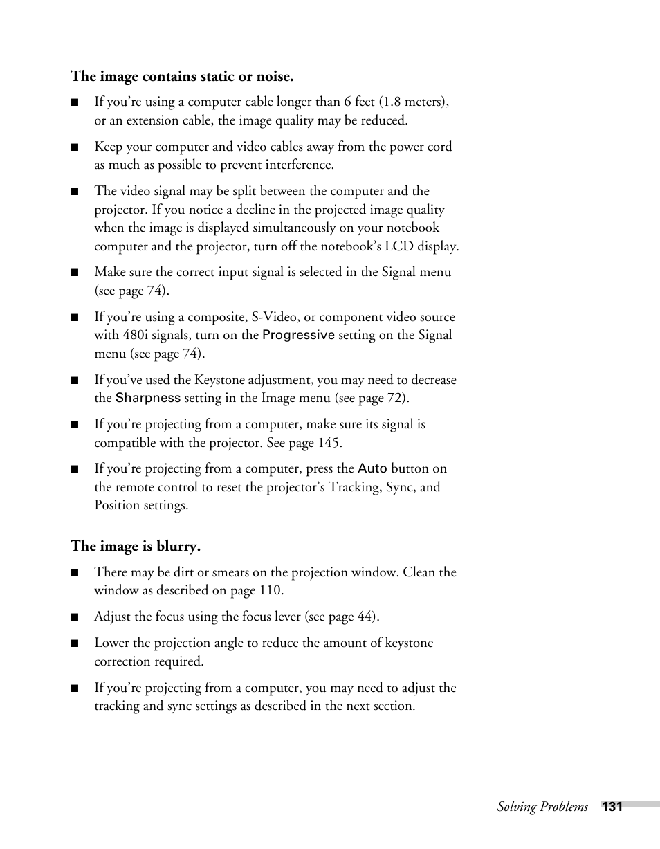 The image contains static or noise, The image is blurry | Epson BrightLink 450Wi User Manual | Page 131 / 186