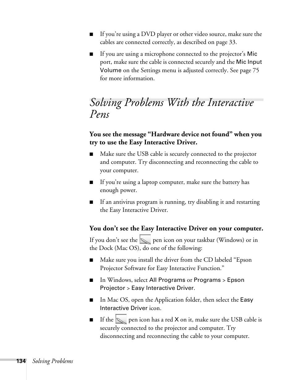 Solving problems with the interactive pens | Epson BrightLink 450Wi User Manual | Page 134 / 186