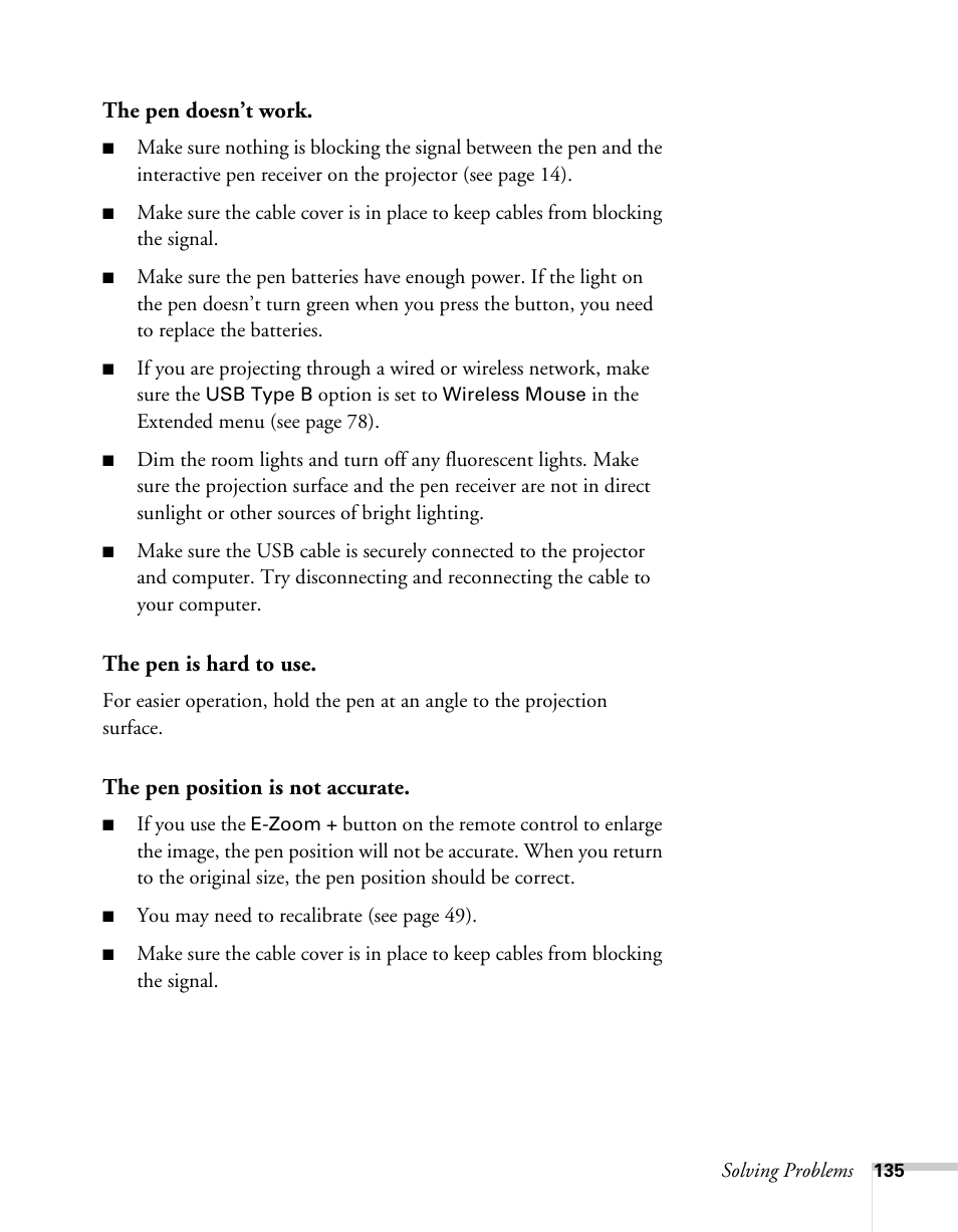 The pen doesn’t work, The pen is hard to use, The pen position is not accurate | Epson BrightLink 450Wi User Manual | Page 135 / 186