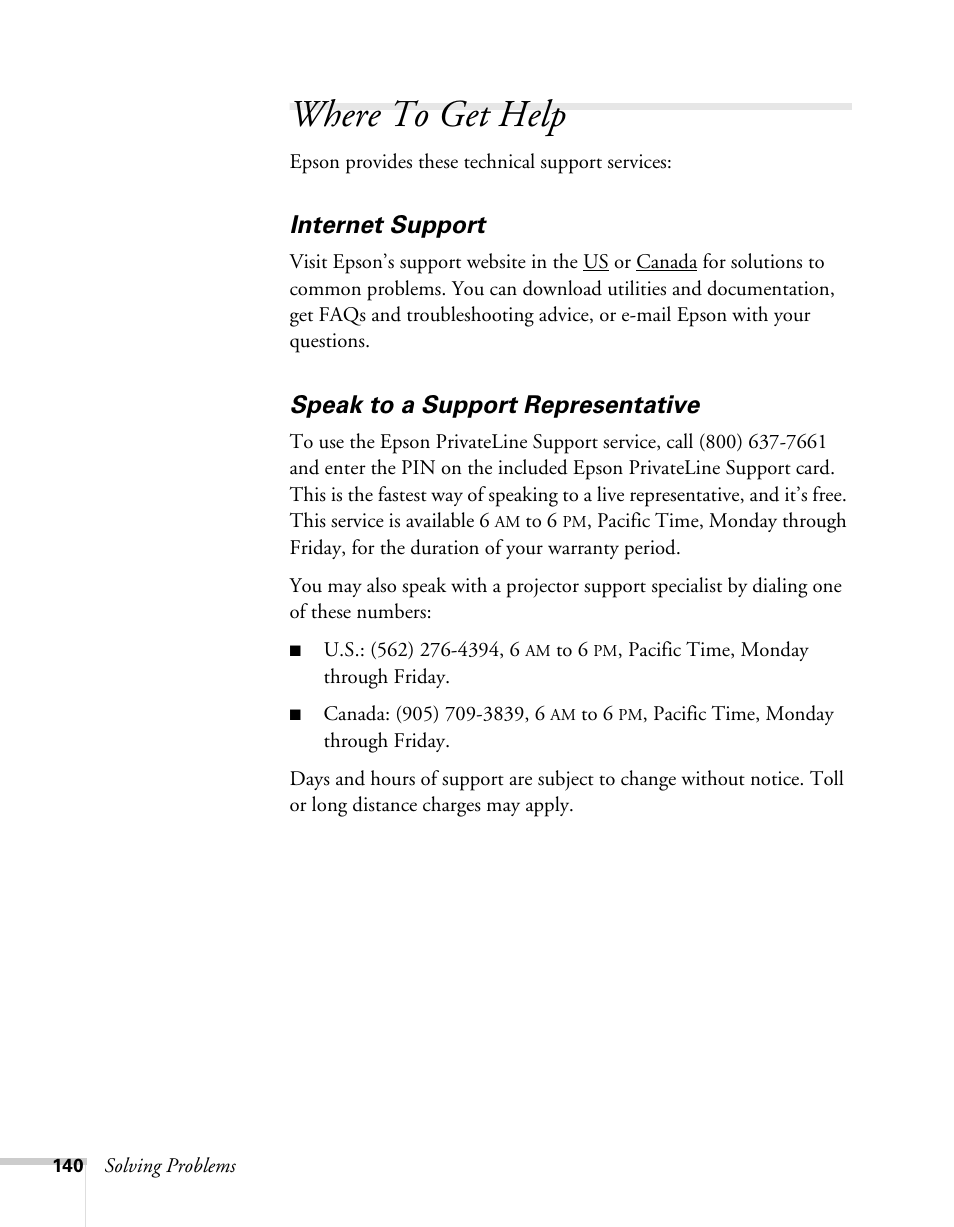 Where to get help, Internet support, Speak to a support representative | Internet support speak to a support representative, Contacting technical support | Epson BrightLink 450Wi User Manual | Page 140 / 186