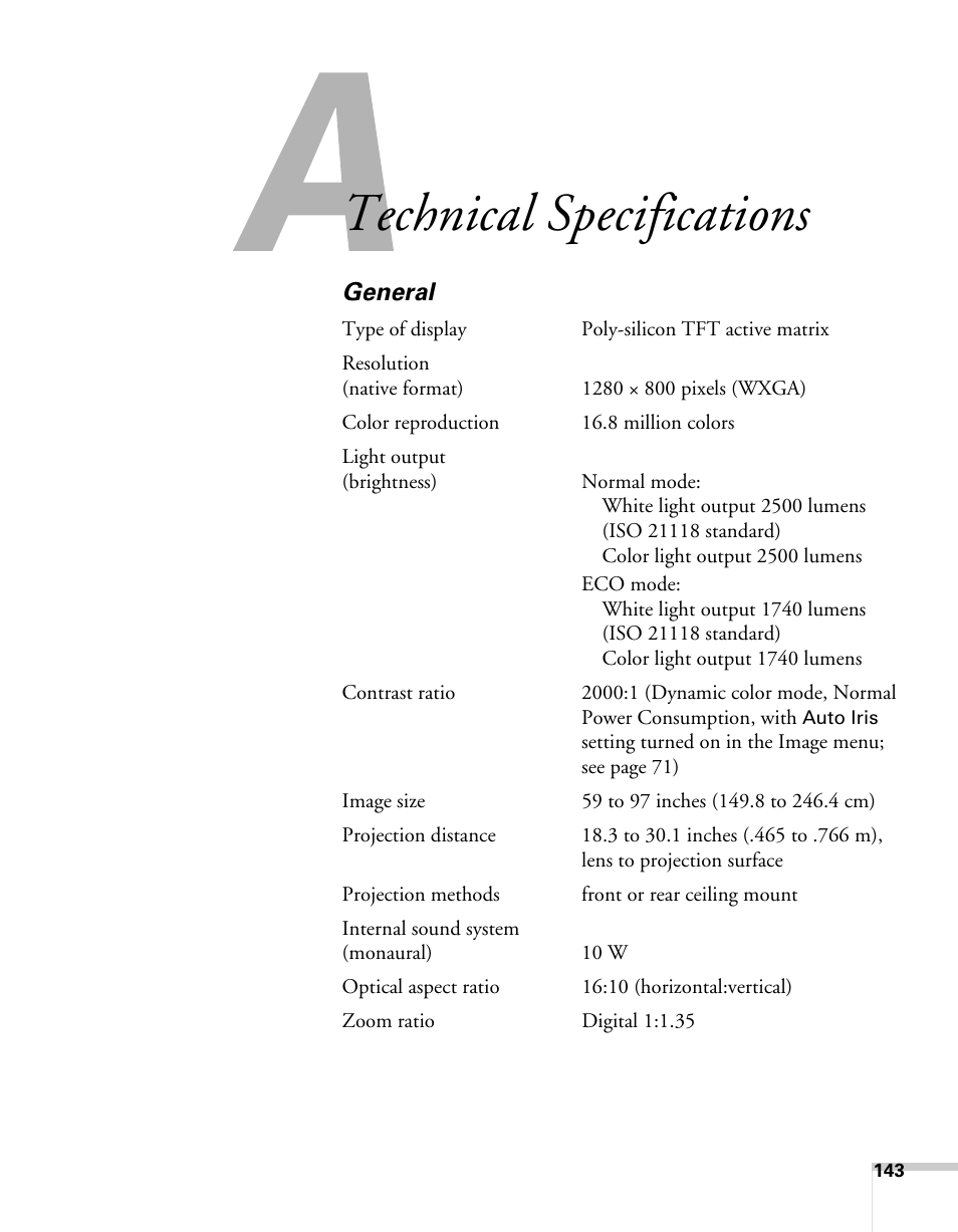 Technical specifications, General | Epson BrightLink 450Wi User Manual | Page 143 / 186