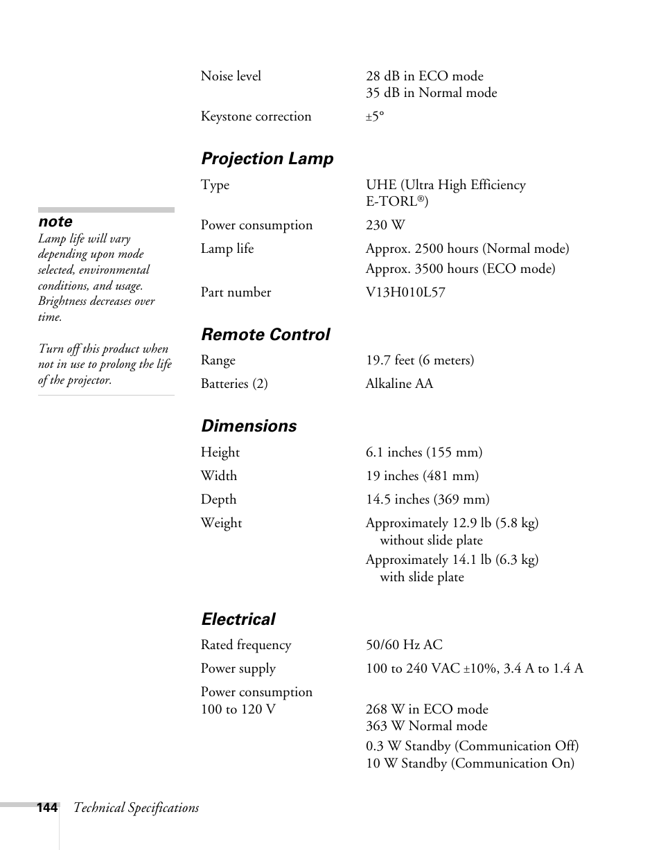 Projection lamp, Remote control, Dimensions | Electrical | Epson BrightLink 450Wi User Manual | Page 144 / 186