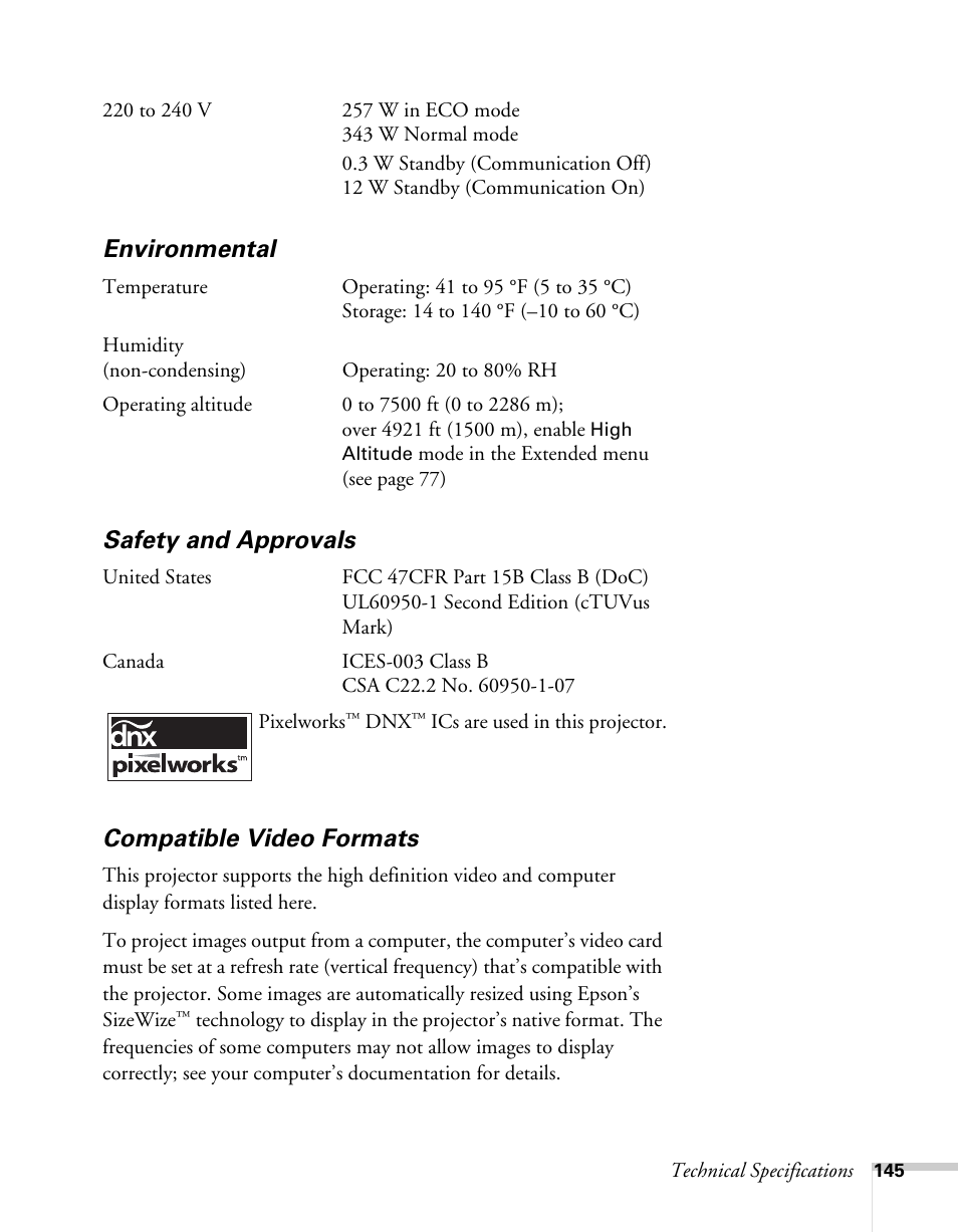 Environmental, Safety and approvals, Compatible video formats | Epson BrightLink 450Wi User Manual | Page 145 / 186