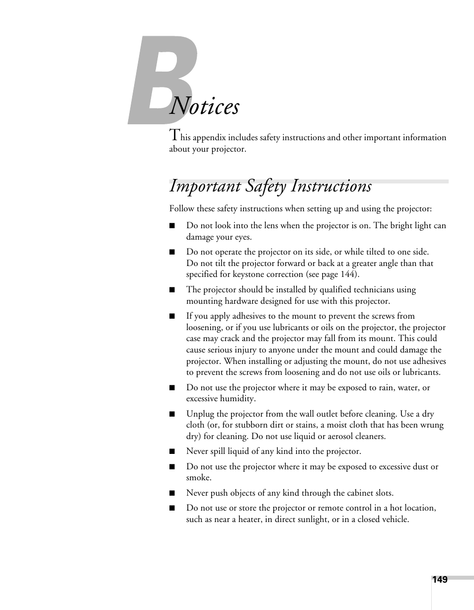 Notices, Important safety instructions | Epson BrightLink 450Wi User Manual | Page 149 / 186