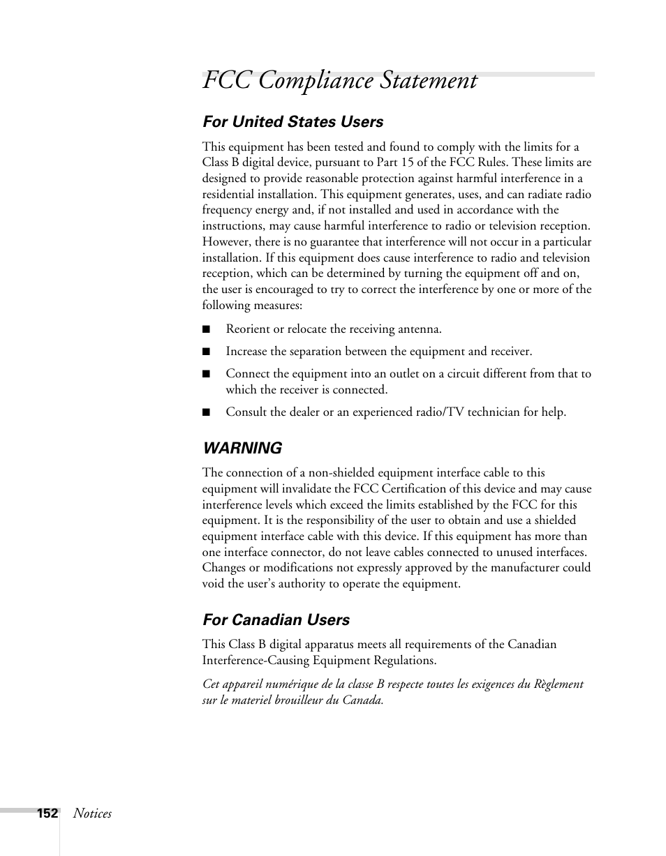 Fcc compliance statement | Epson BrightLink 450Wi User Manual | Page 152 / 186