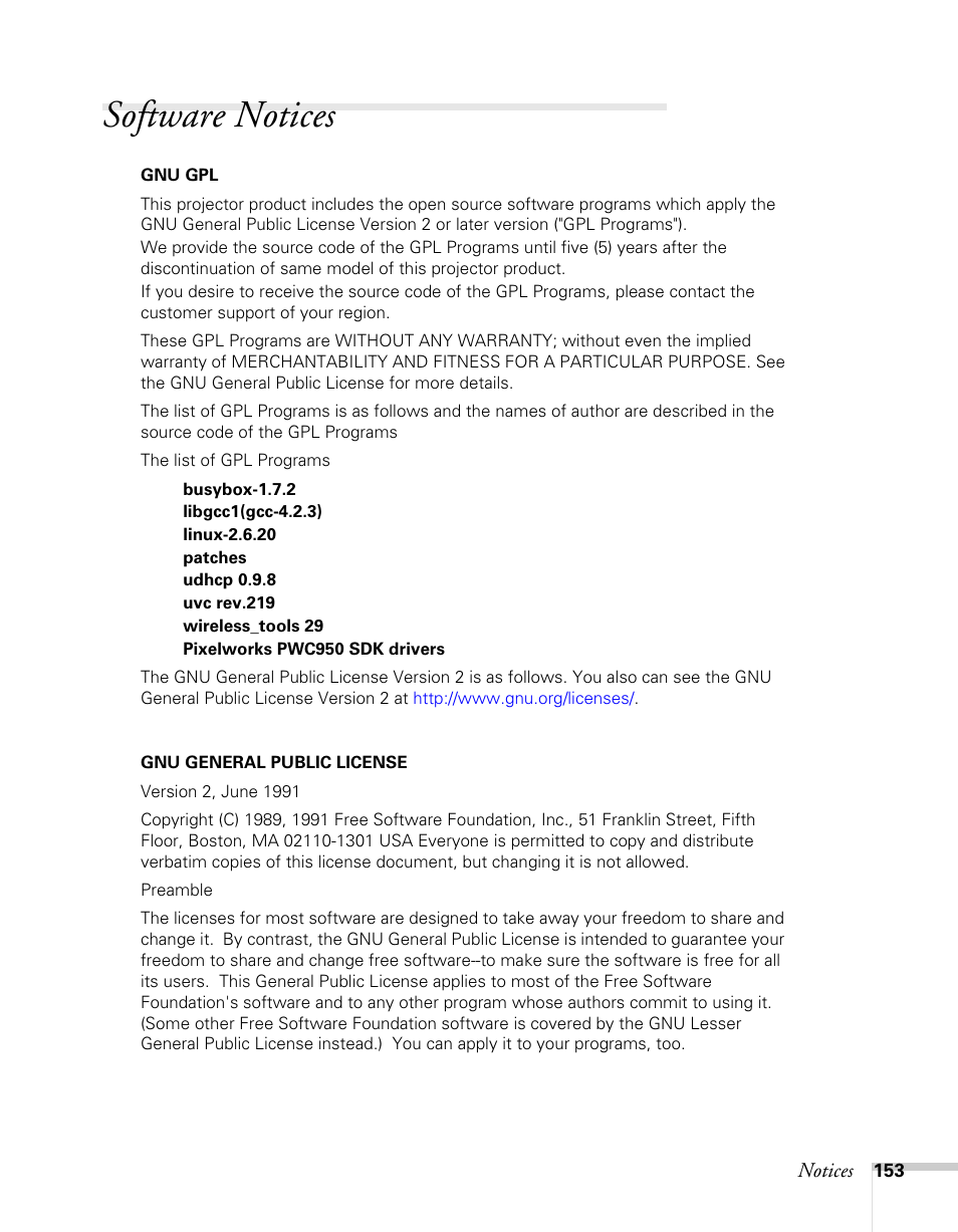 Software notices | Epson BrightLink 450Wi User Manual | Page 153 / 186