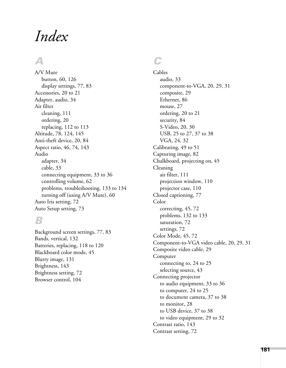 Index | Epson BrightLink 450Wi User Manual | Page 181 / 186