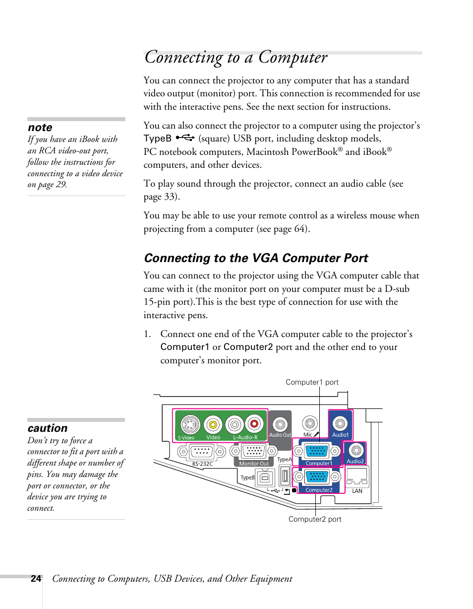 Connecting to a computer, Connecting to the vga computer port | Epson BrightLink 450Wi User Manual | Page 24 / 186