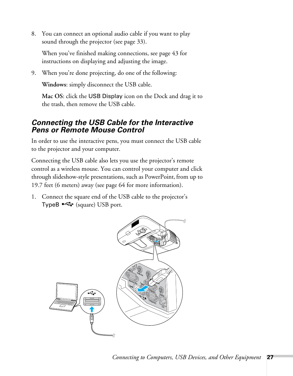 Connecting the usb cable for the interactive pens, Or remote mouse control | Epson BrightLink 450Wi User Manual | Page 27 / 186