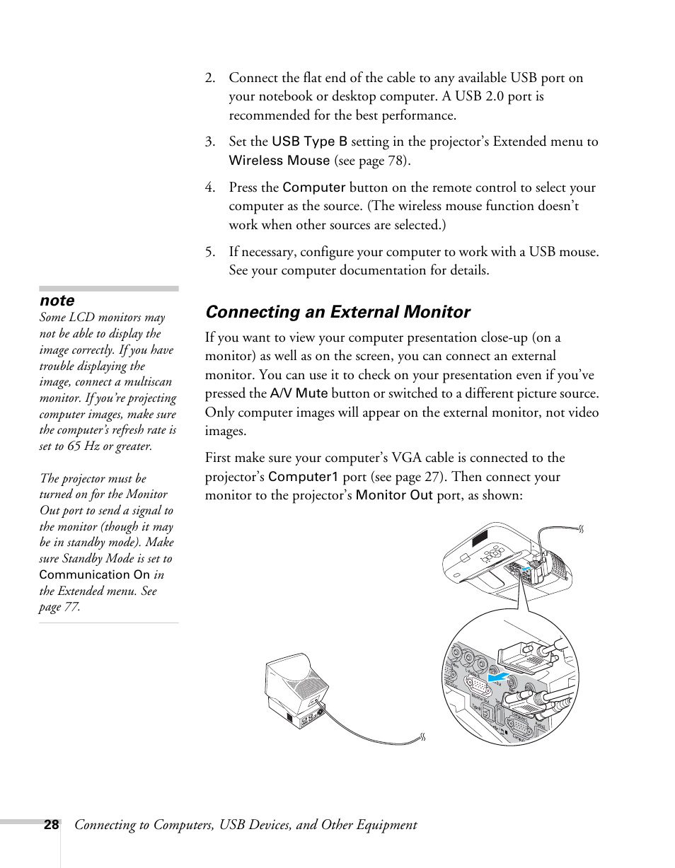 Connecting an external monitor | Epson BrightLink 450Wi User Manual | Page 28 / 186