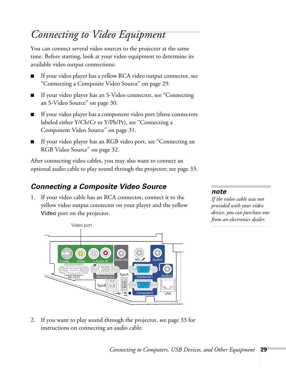 Connecting to video equipment, Connecting a composite video source | Epson BrightLink 450Wi User Manual | Page 29 / 186
