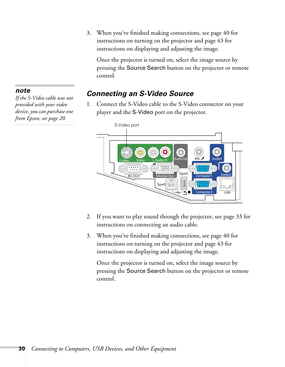 Connecting an s-video source | Epson BrightLink 450Wi User Manual | Page 30 / 186