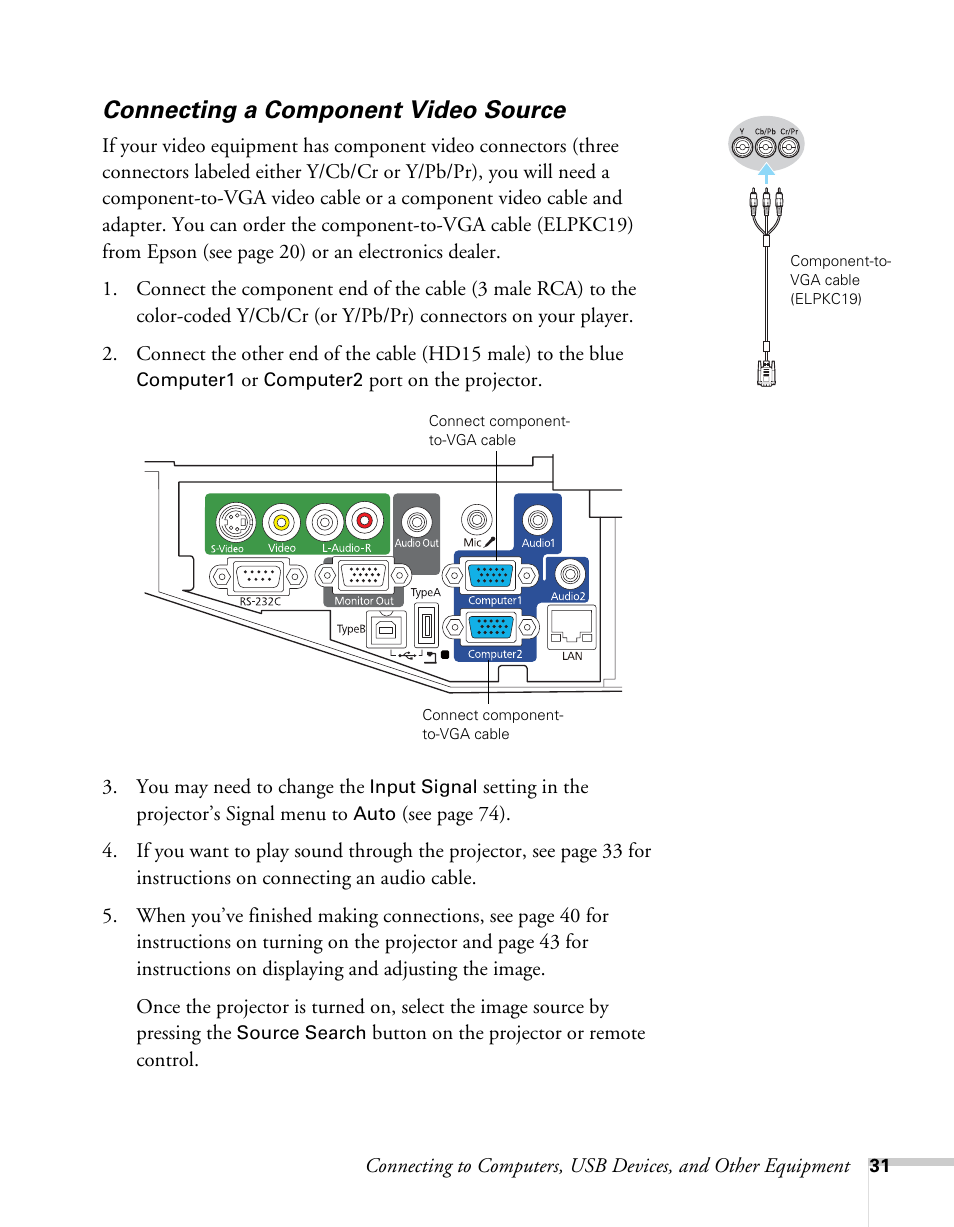Connecting a component video source | Epson BrightLink 450Wi User Manual | Page 31 / 186
