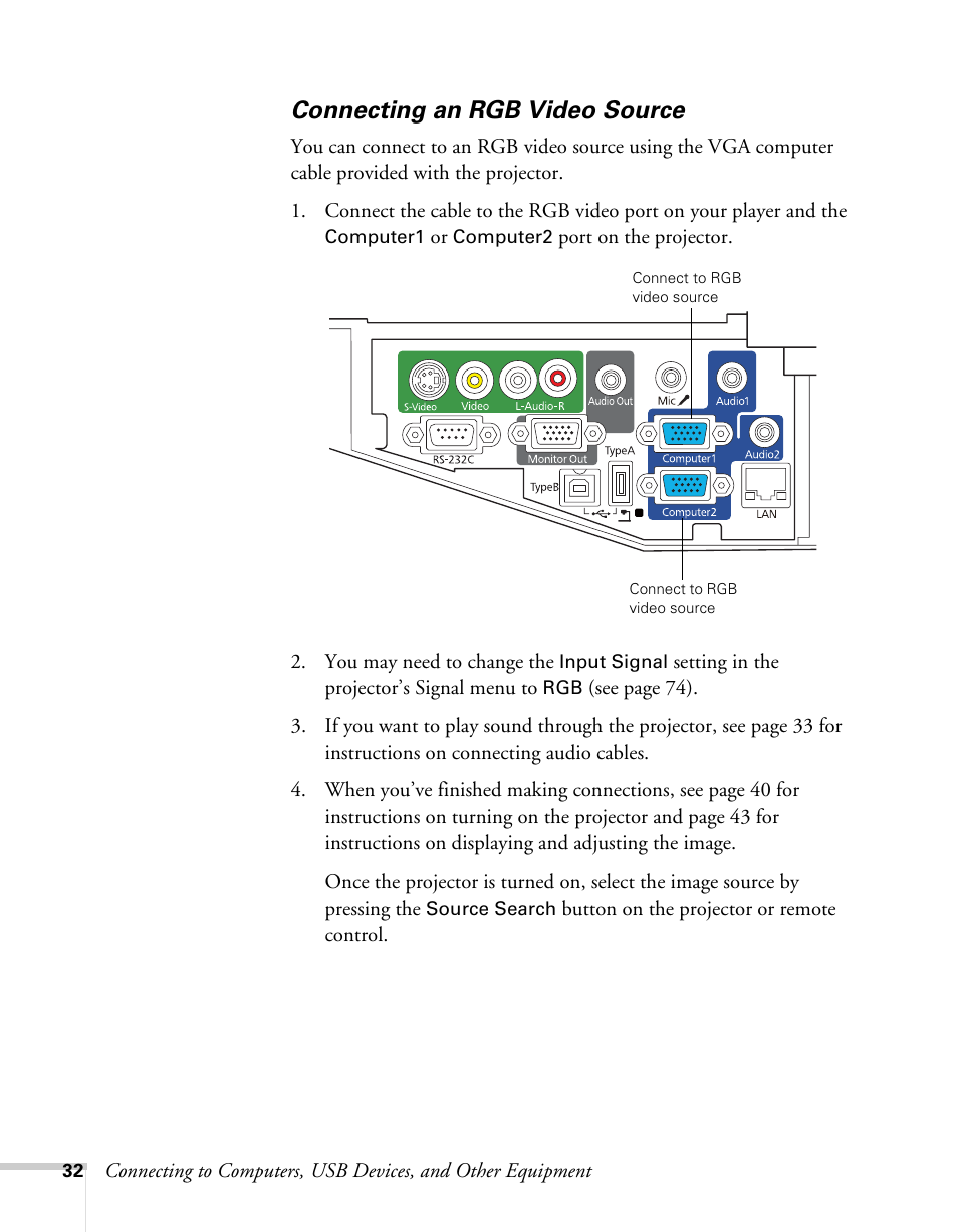 Connecting an rgb video source | Epson BrightLink 450Wi User Manual | Page 32 / 186