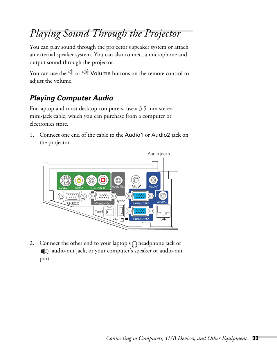 Playing sound through the projector, Playing computer audio | Epson BrightLink 450Wi User Manual | Page 33 / 186