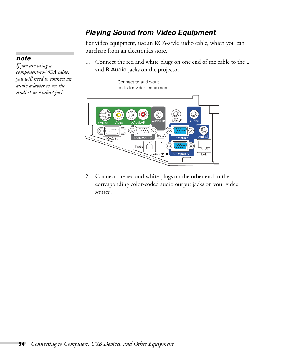 Playing sound from video equipment | Epson BrightLink 450Wi User Manual | Page 34 / 186
