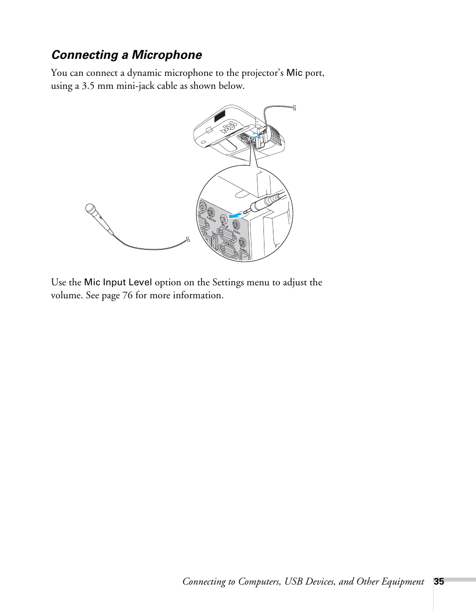 Connecting a microphone | Epson BrightLink 450Wi User Manual | Page 35 / 186