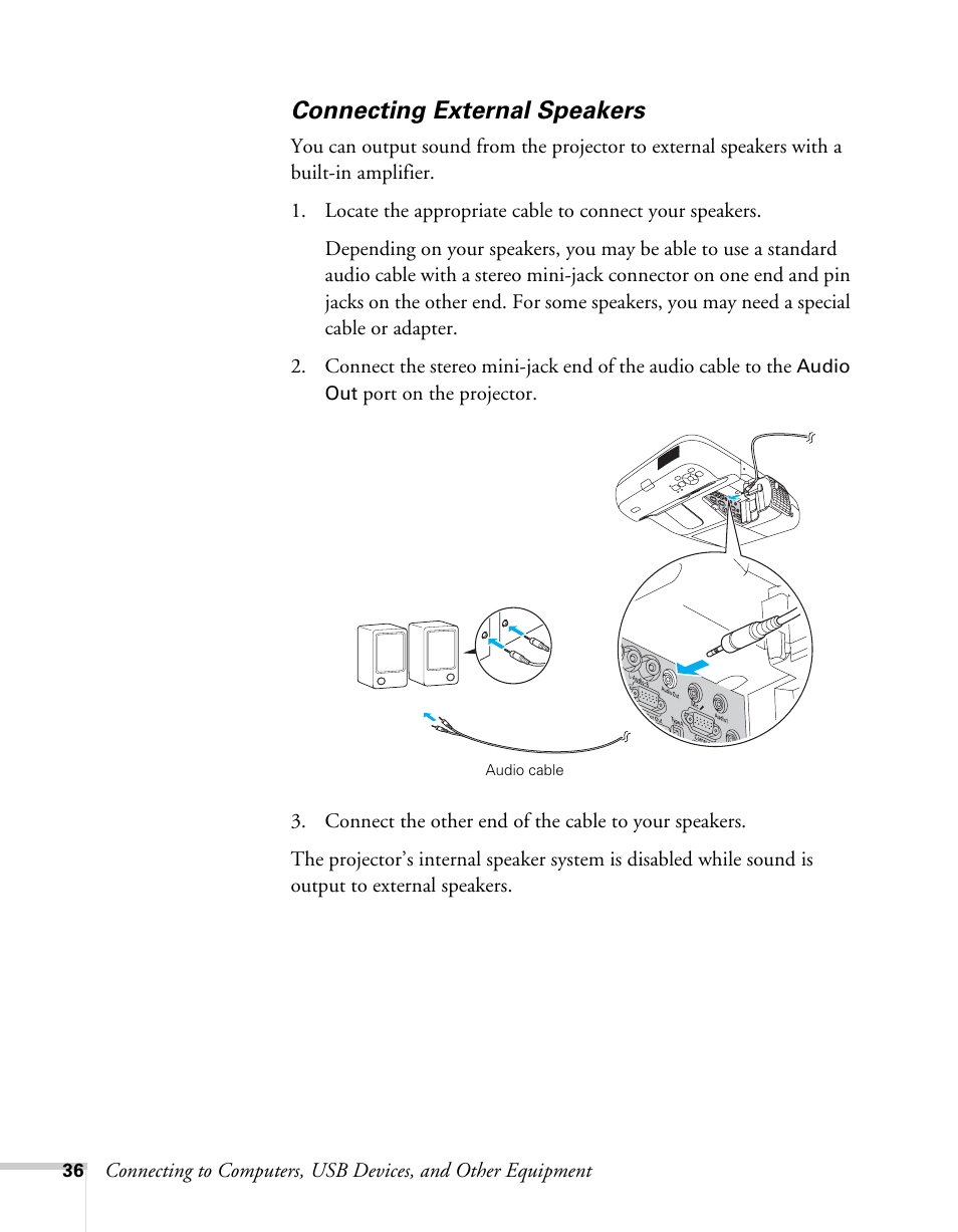 Connecting external speakers | Epson BrightLink 450Wi User Manual | Page 36 / 186
