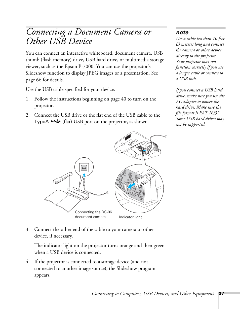 Connecting a document camera or other usb device | Epson BrightLink 450Wi User Manual | Page 37 / 186