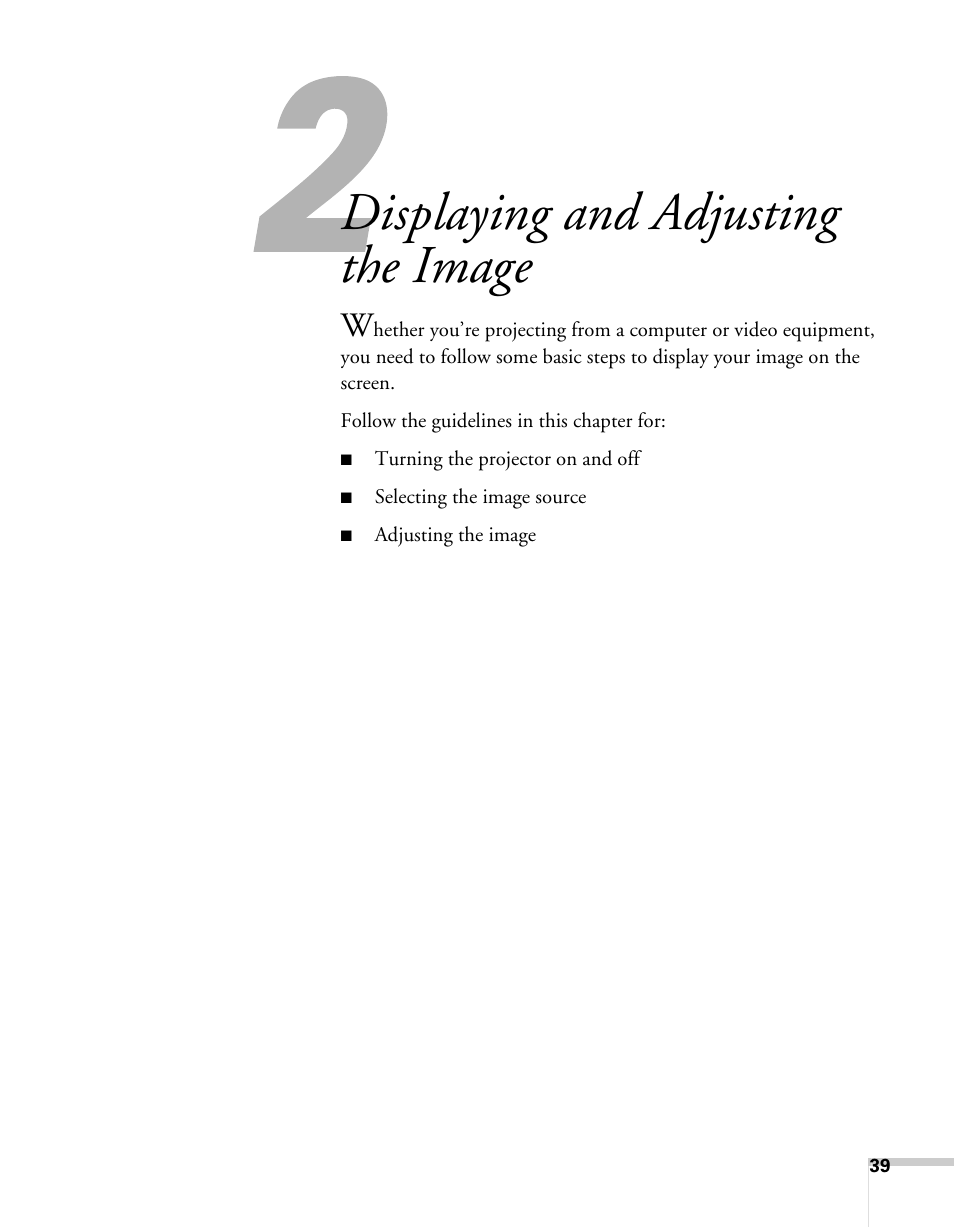 Displaying and adjusting the image | Epson BrightLink 450Wi User Manual | Page 39 / 186