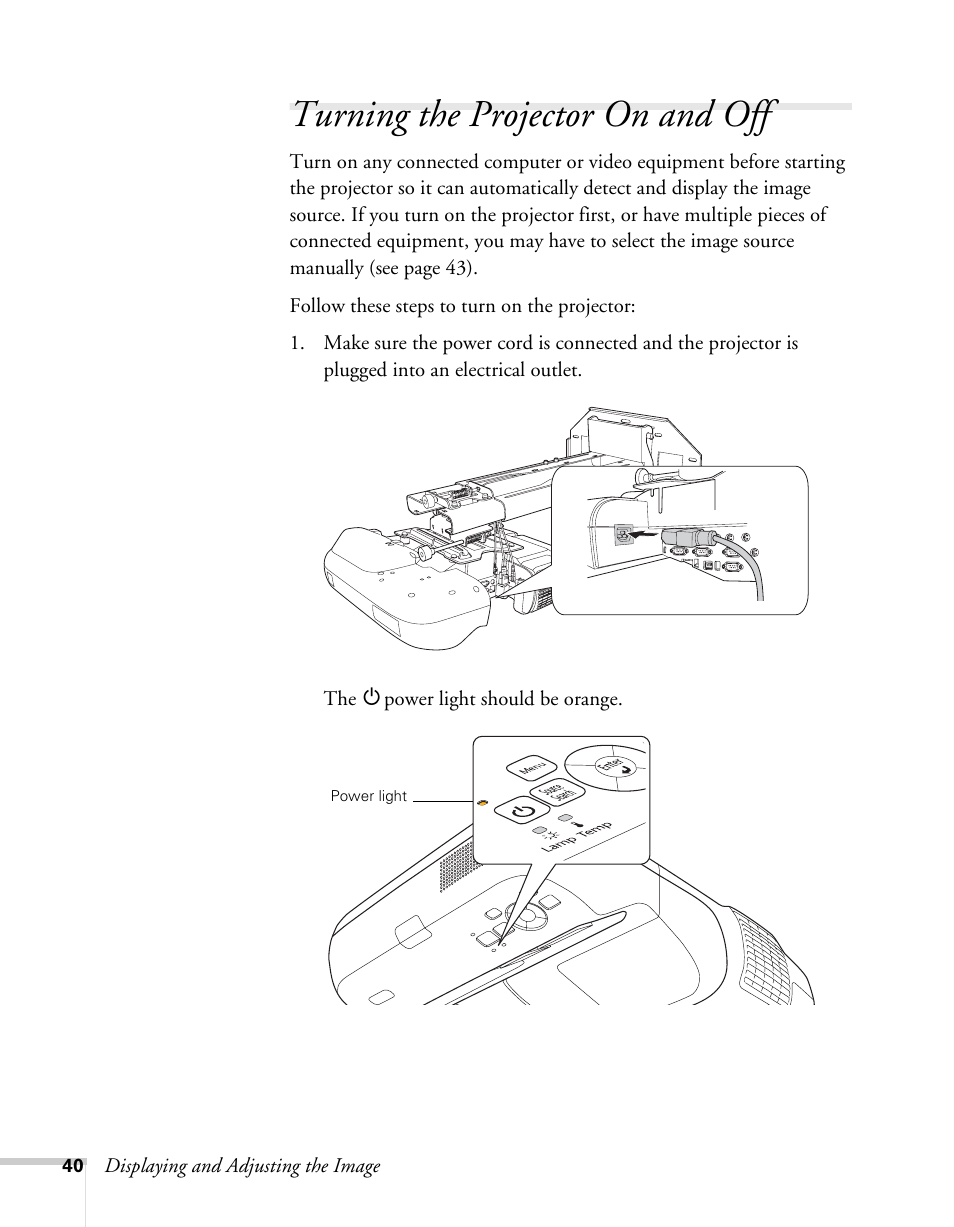 Turning the projector on and off | Epson BrightLink 450Wi User Manual | Page 40 / 186