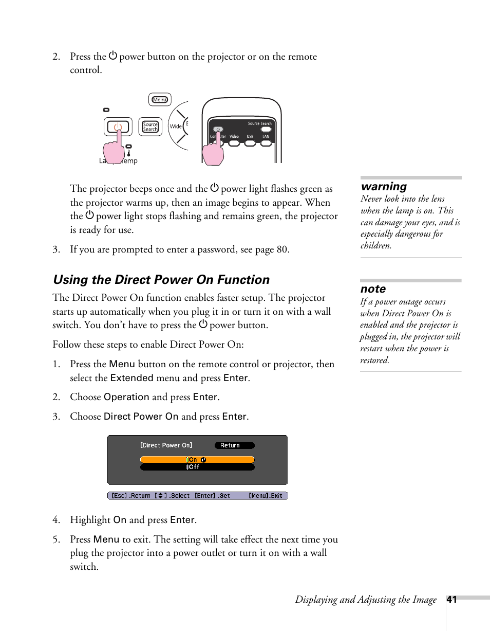 Using the direct power on function | Epson BrightLink 450Wi User Manual | Page 41 / 186