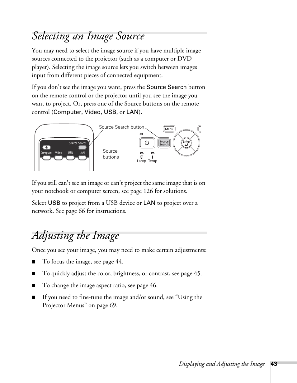 Selecting an image source, Adjusting the image, Selecting an image source adjusting the image | Selecting the image source | Epson BrightLink 450Wi User Manual | Page 43 / 186