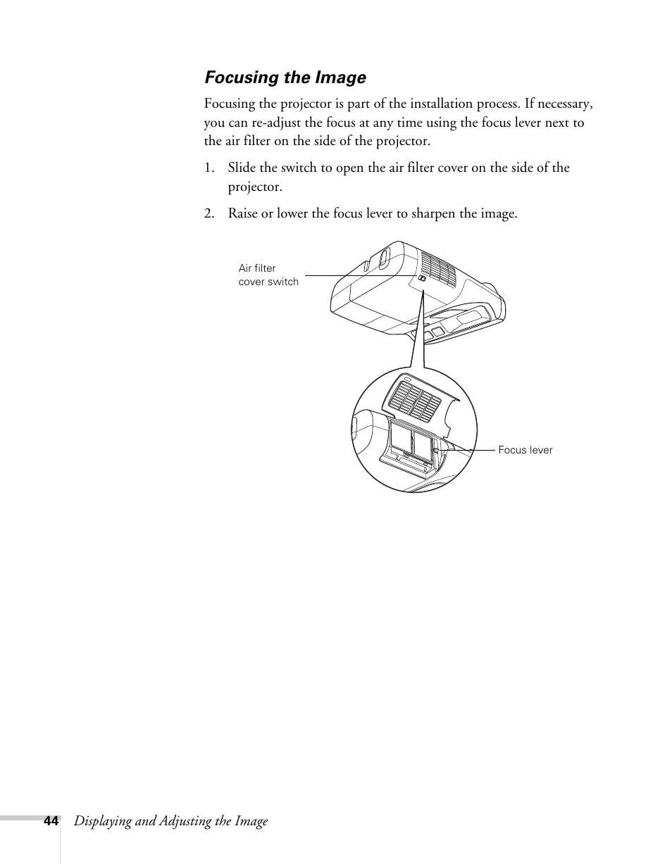 Focusing the image | Epson BrightLink 450Wi User Manual | Page 44 / 186