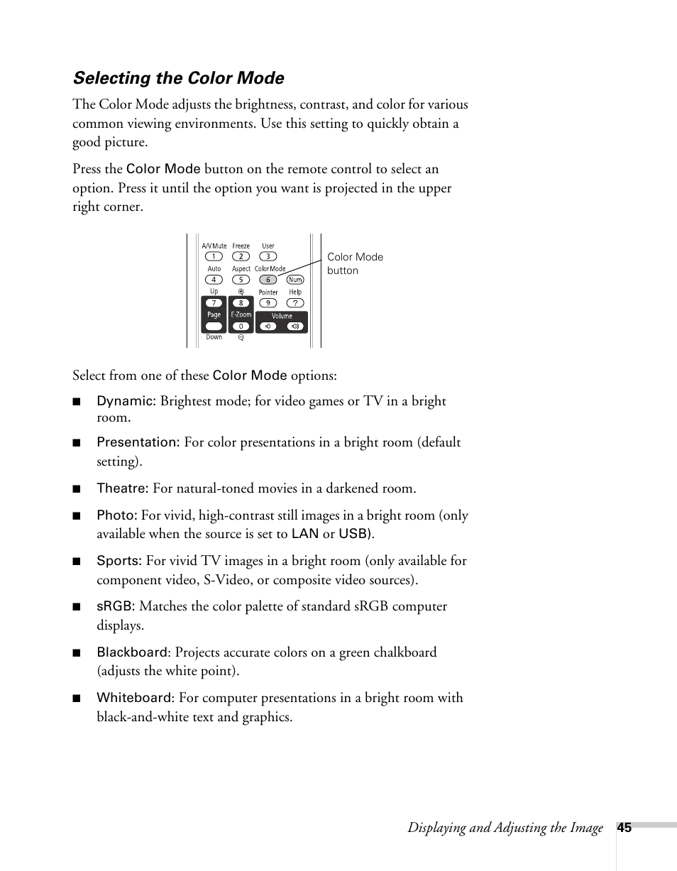 Selecting the color mode | Epson BrightLink 450Wi User Manual | Page 45 / 186