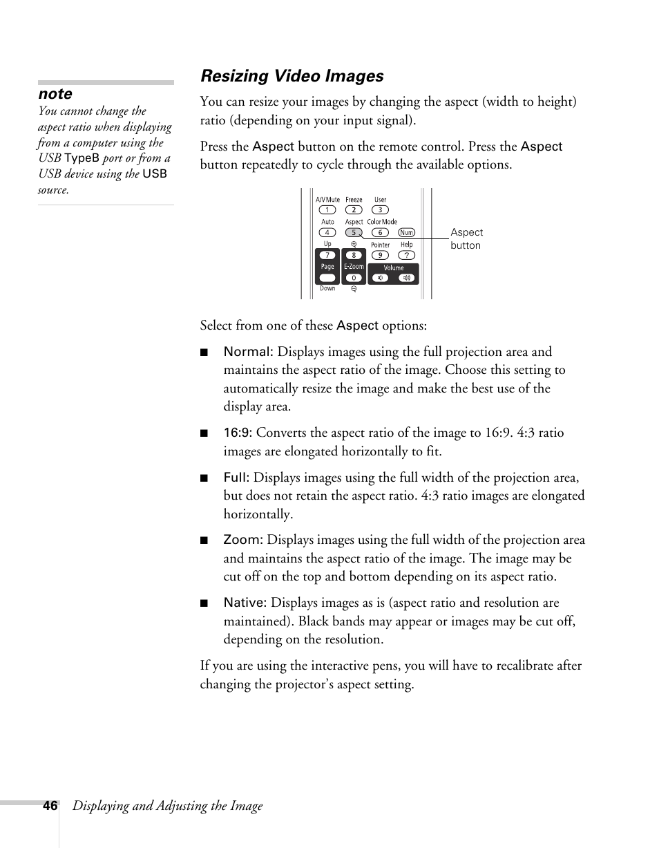 Resizing video images | Epson BrightLink 450Wi User Manual | Page 46 / 186