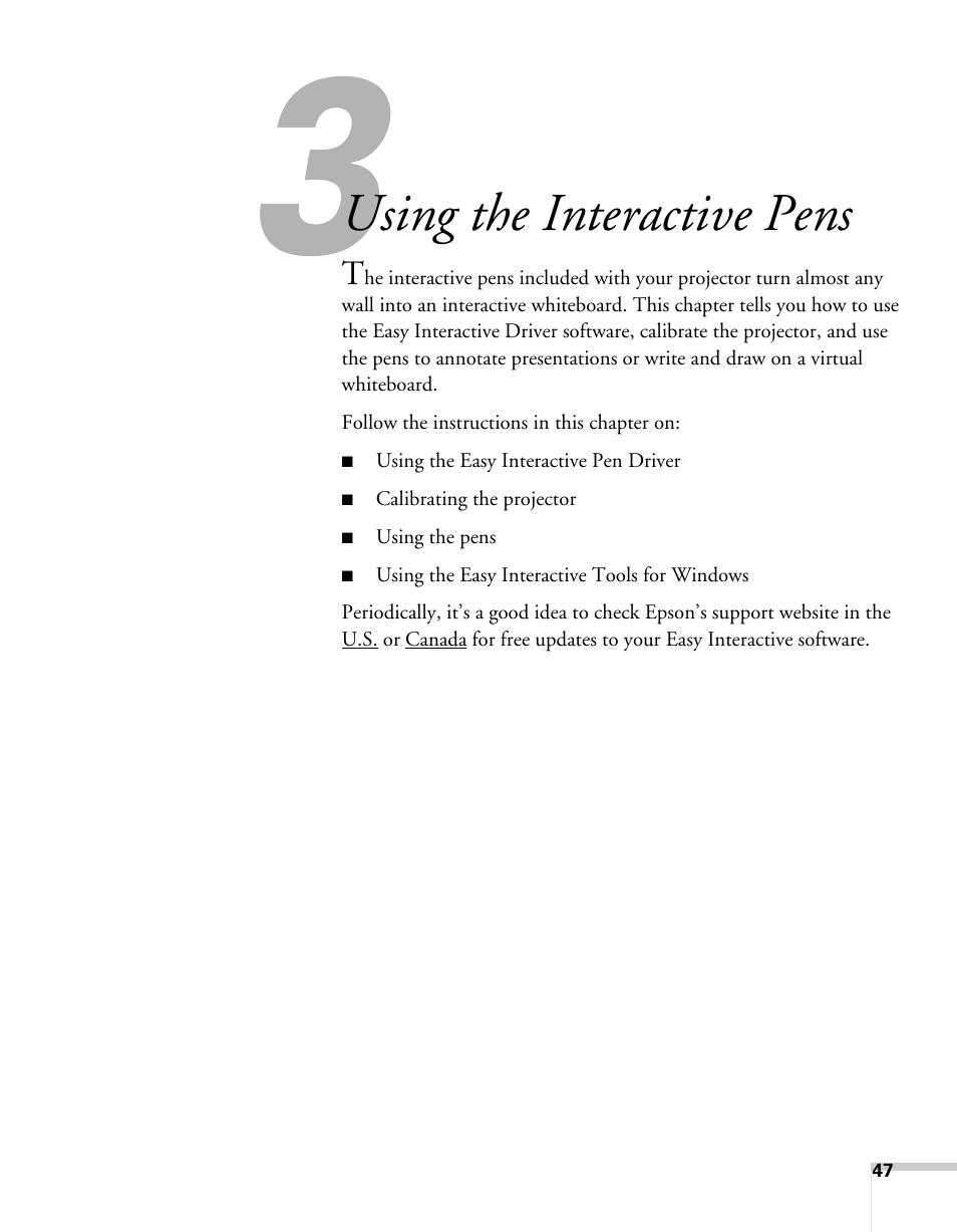 Using the interactive pens | Epson BrightLink 450Wi User Manual | Page 47 / 186